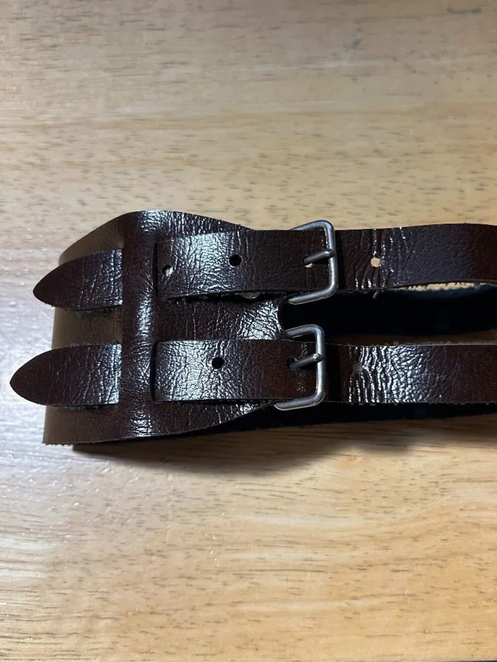 Mens Vintage Unbranded Dark Brown Leather Double Buckle Leather Cuff Bracelet